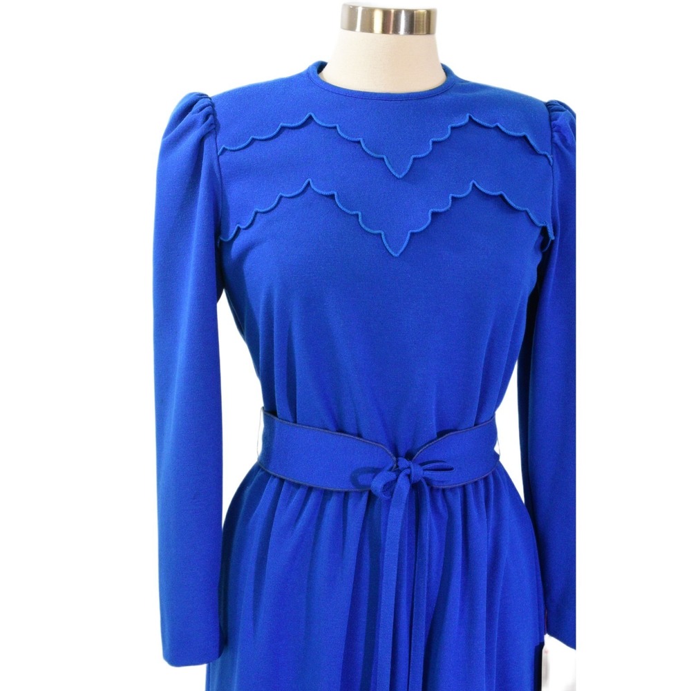 70s Vintage Cloud Print Belted Dress Womens M 10 Blue Puff Sleeve Mod Leslie Fay